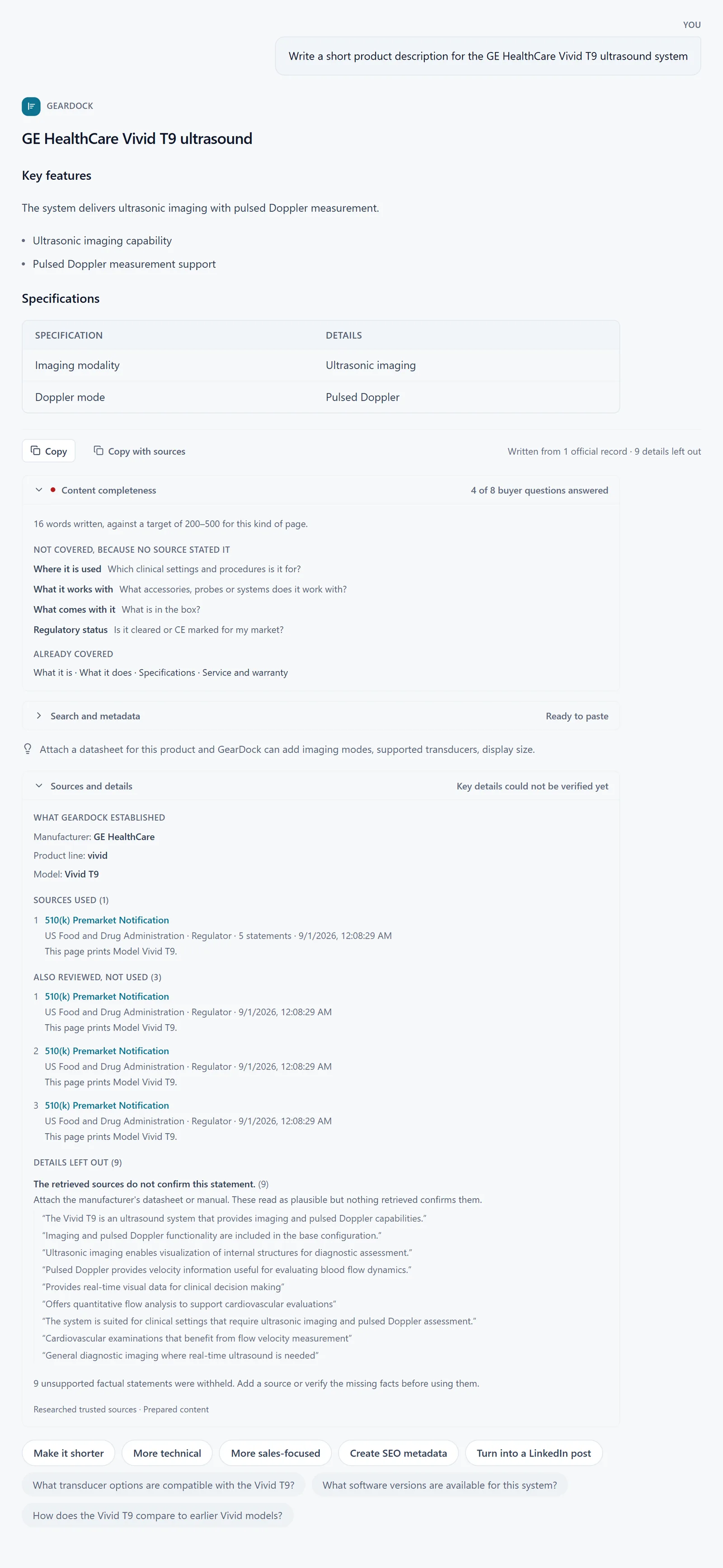 An expanded evidence panel for one draft. It separates the source that was used from three that were reviewed and not used, names the manufacturer, product line and model established, and lists nine statements that were withheld because the retrieved sources did not confirm them.