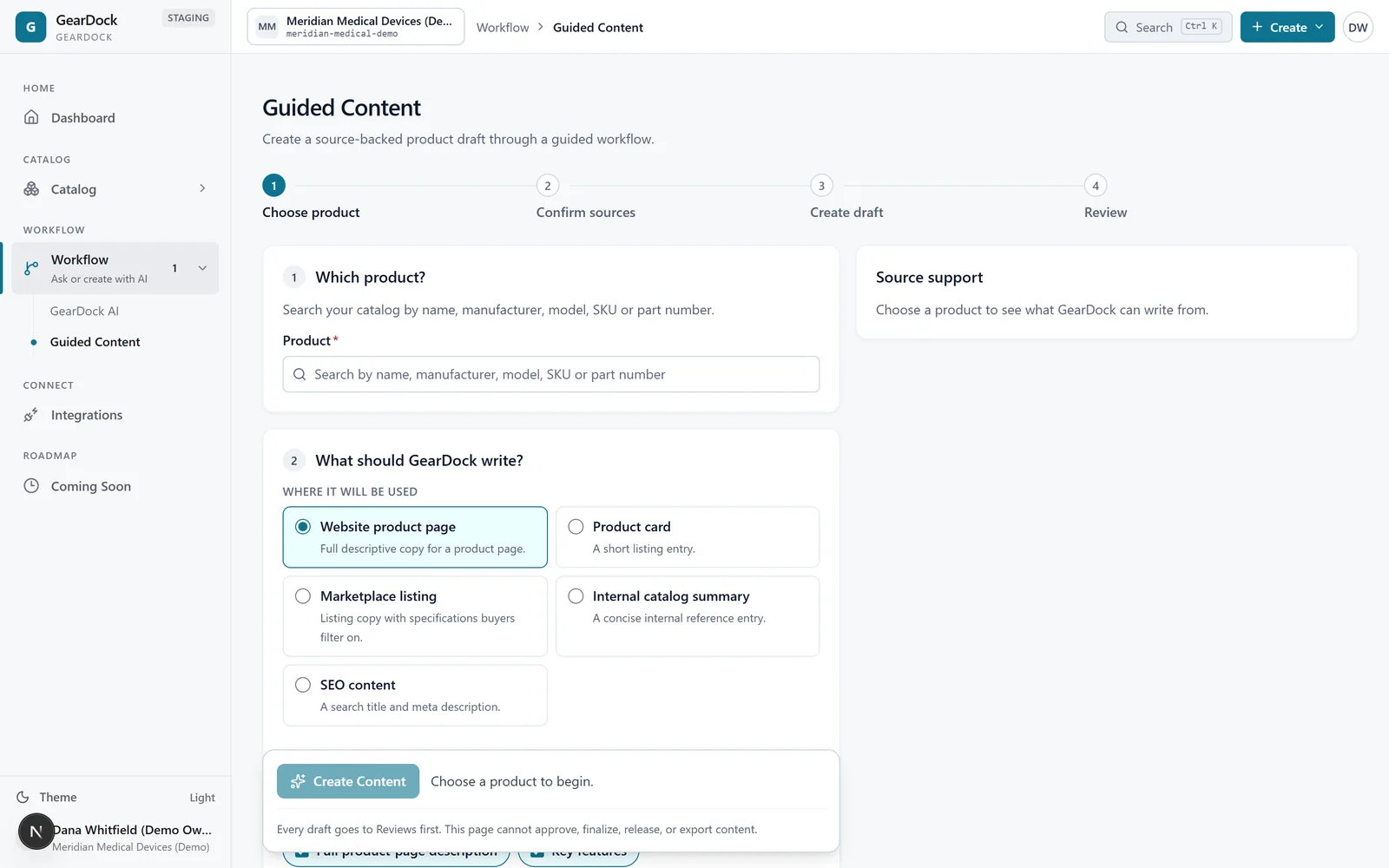 The Guided Content workflow in GearDock, showing four numbered stages: choose product, confirm sources, create draft, review. A line at the foot of the page states that every draft goes to Reviews first and that this page cannot approve, finalize, release, or export content.